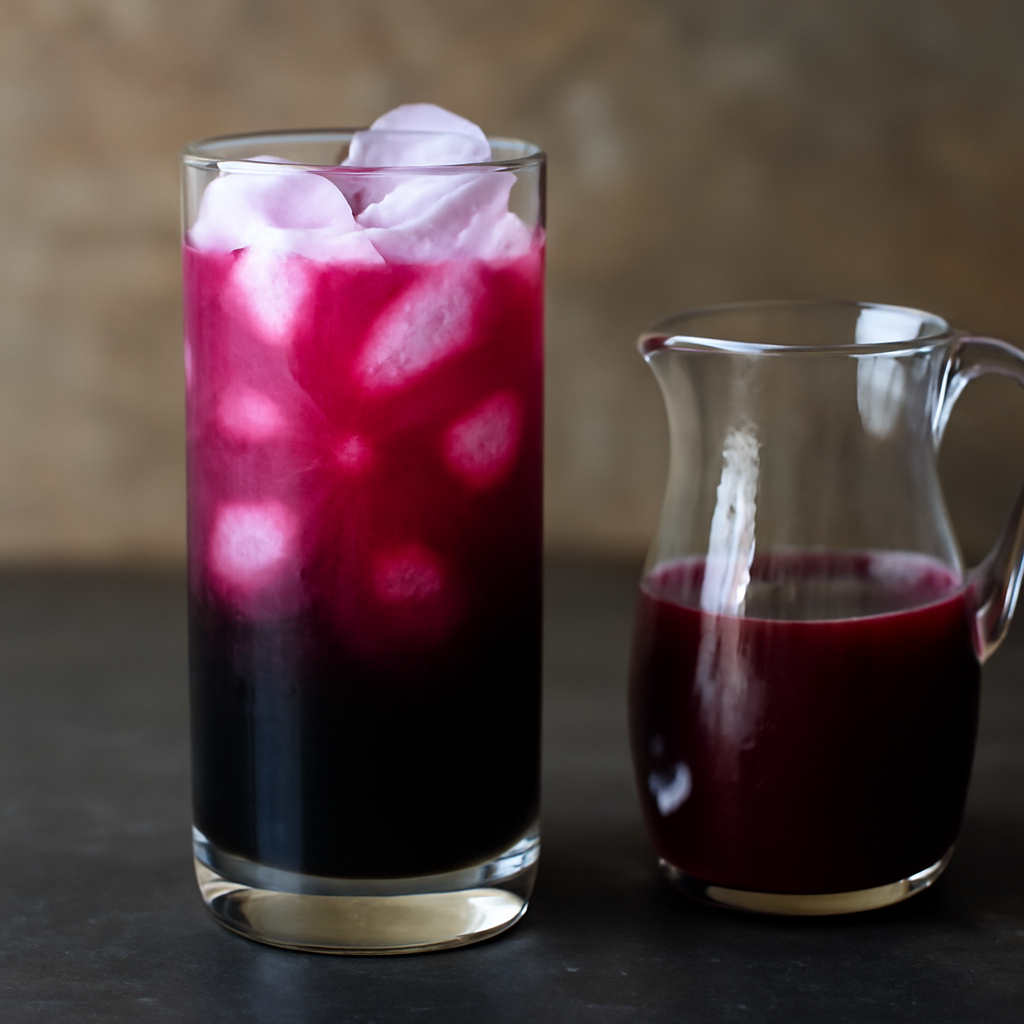Building the drink: stout syrup and blackberry mixture poured over ice in a tall glass, just before topping with sparkling water and garnish