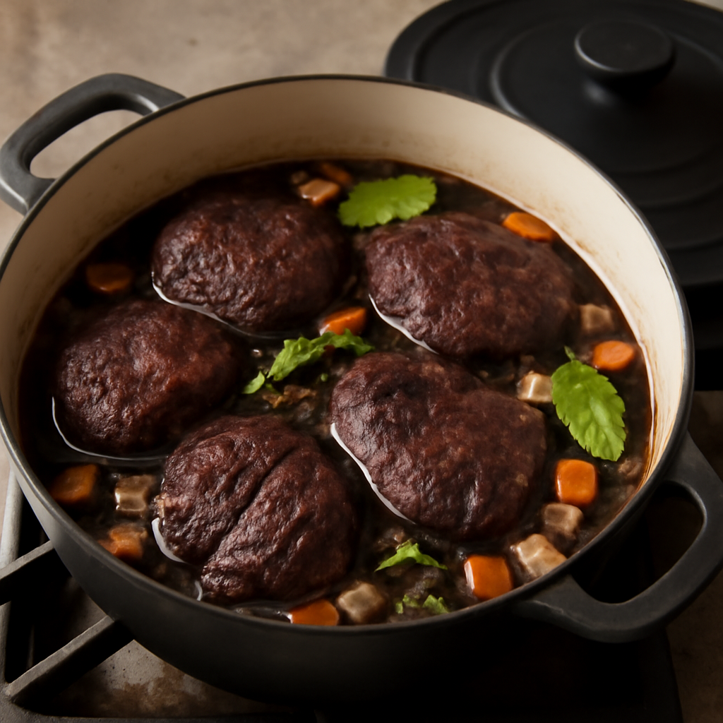 Beef returned to casserole with stout braising liquid, brought to simmer before going into the oven