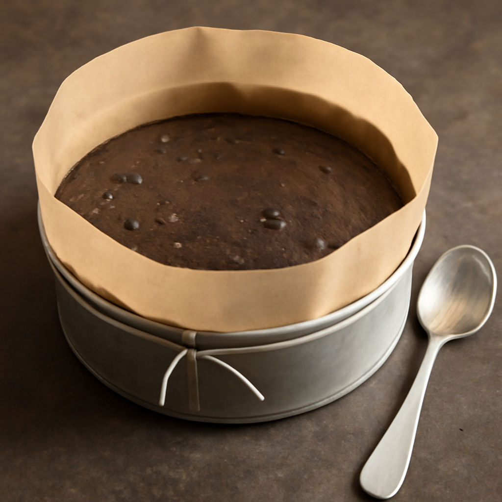 Batter spooned into prepared tin and covered with parchment before baking