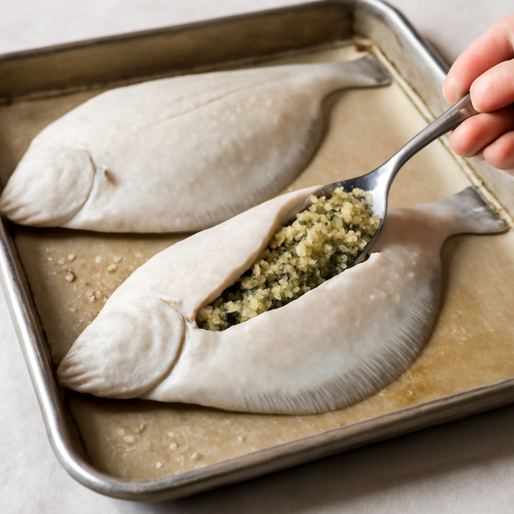 Filling the fish cavities with stuffing before baking