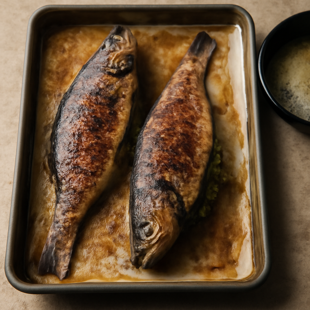 Fish fully baked on the tray, just out of the oven before plating