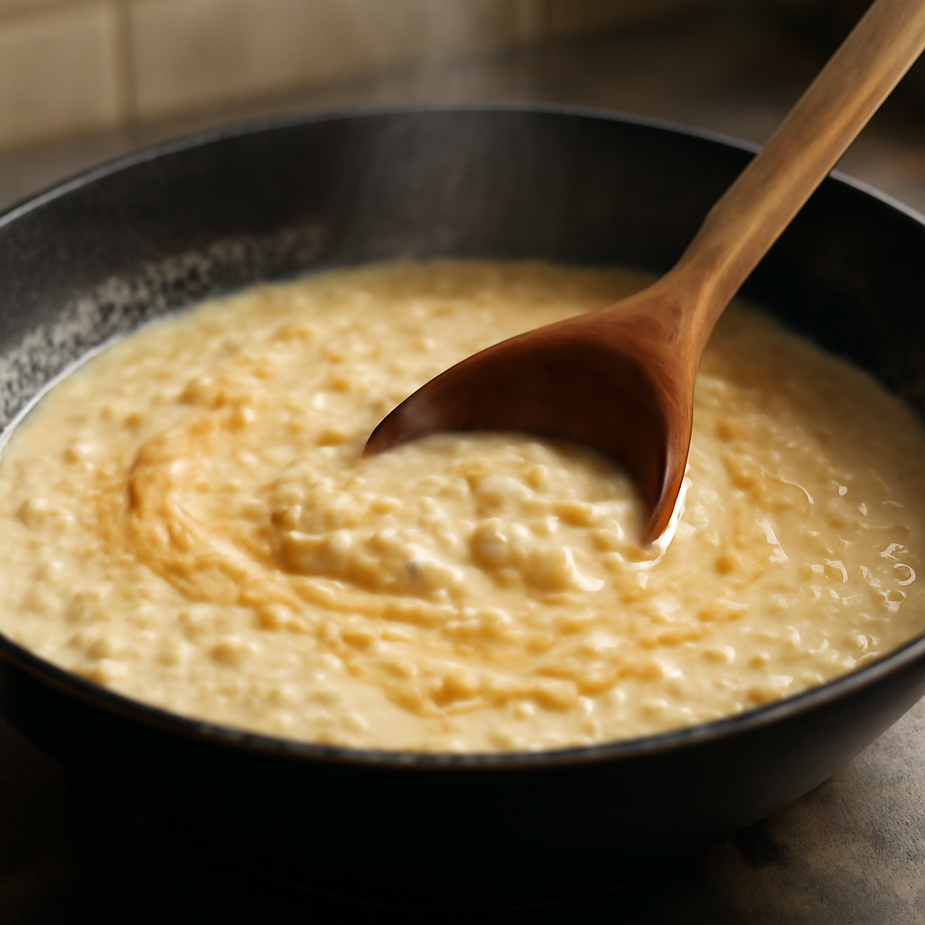 Oats simmering gently in milk, cream and honey, nearly finished in the pan