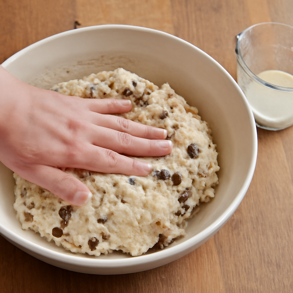 Bringing the dough together in the bowl after pouring in the buttermilk mixture