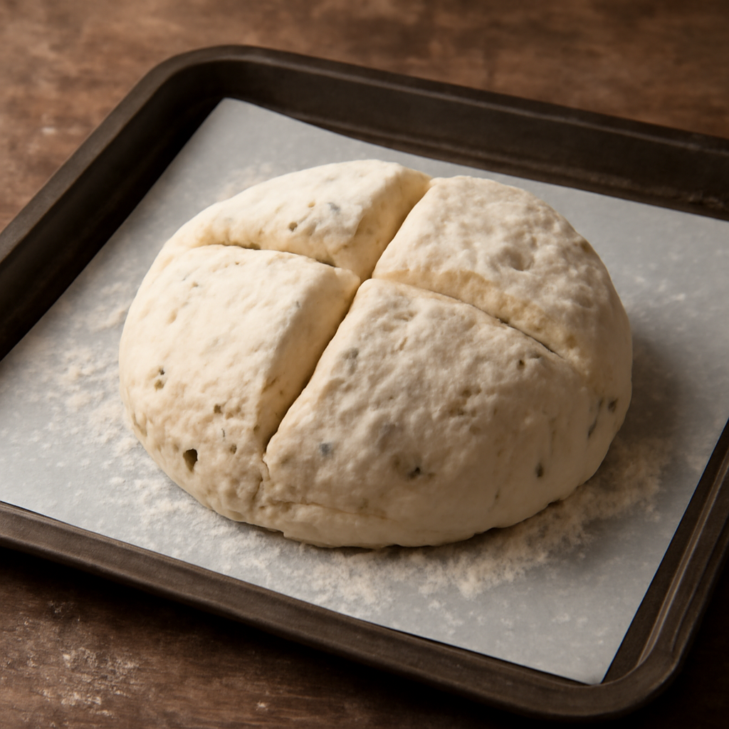 Shaped dough round placed on the baking tray with a deep cross cut through the top, ready to go into the oven