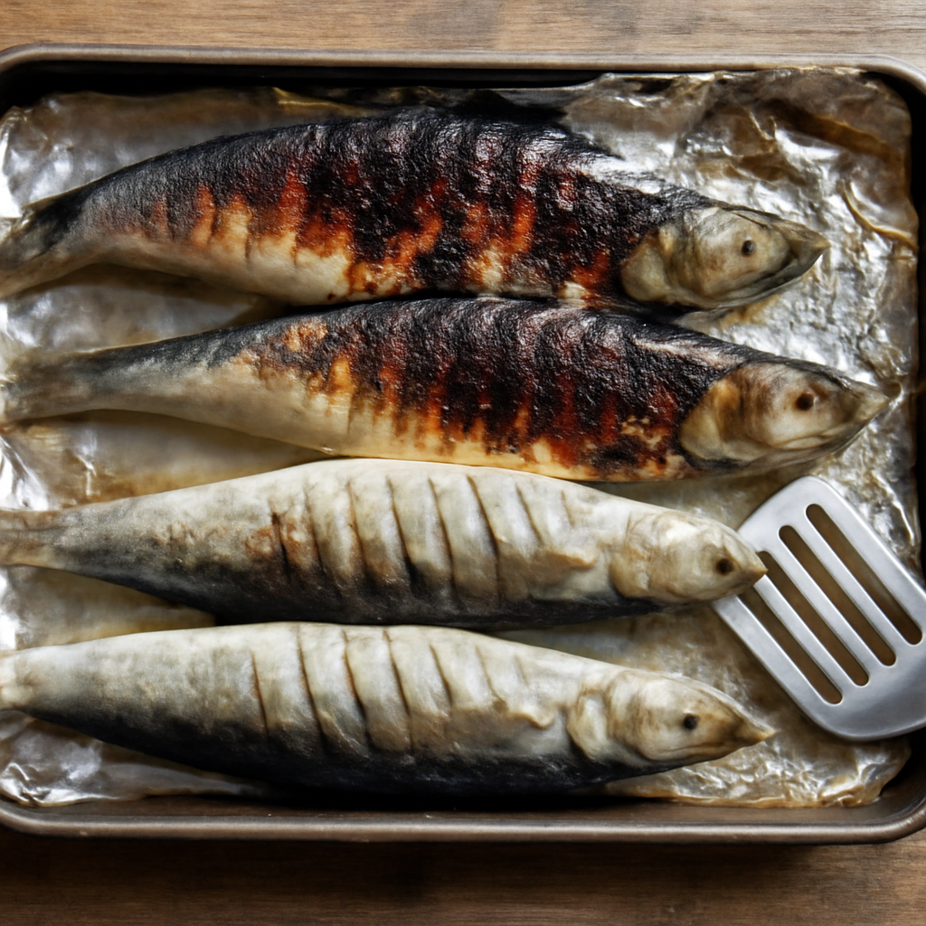 Herrings turned and second side nearly finished grilling