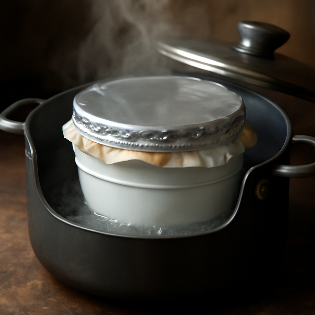 Batter spooned into greased pudding basin and basin sealed with parchment and foil, steaming in a covered saucepan of boiling water