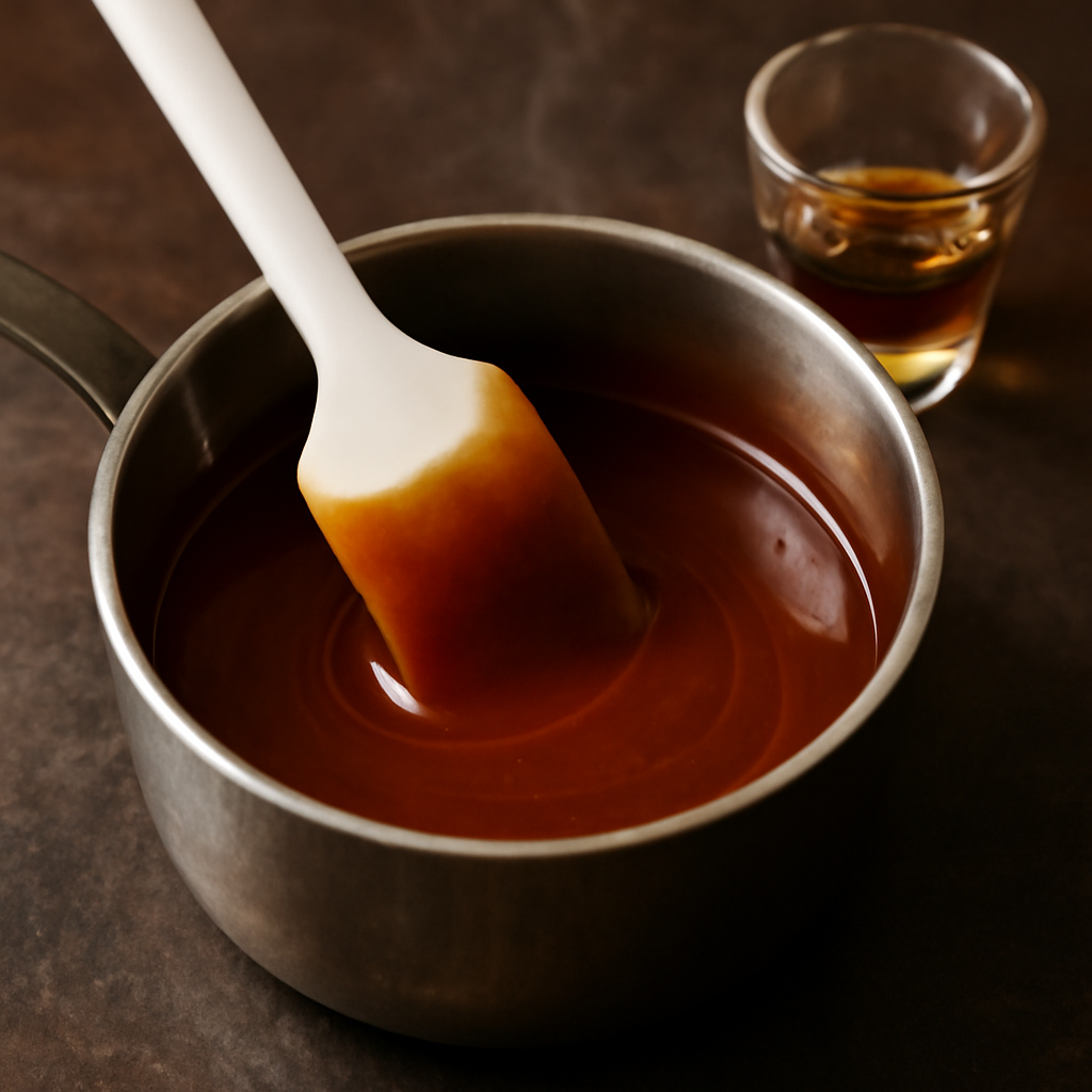 Making the whiskey caramel: deep amber caramel in pan after cream and whiskey added, glossy sauce just finished