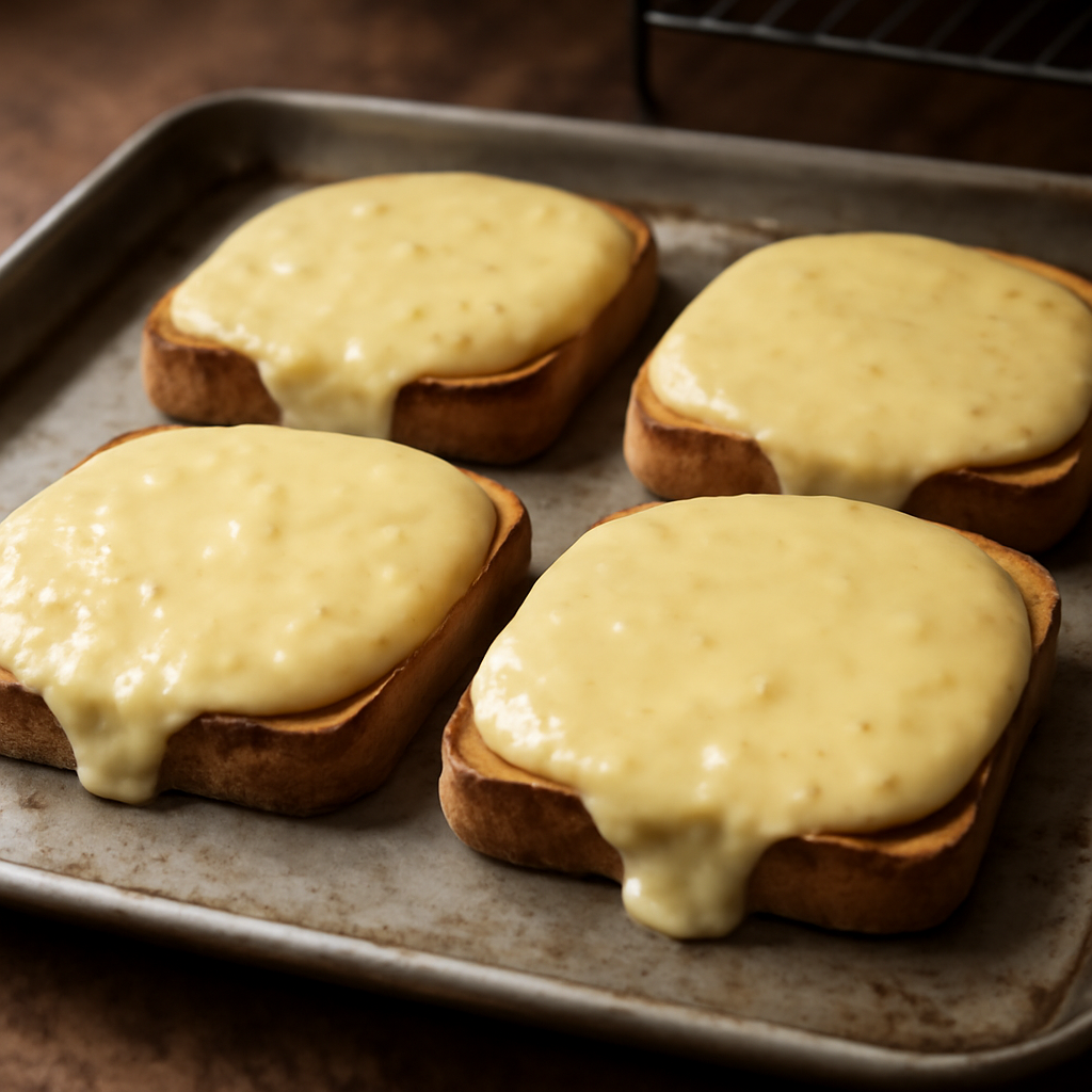 Spoon thick cheese sauce generously over toasted bread slices and return tray under the grill until bubbling and beginning to blister