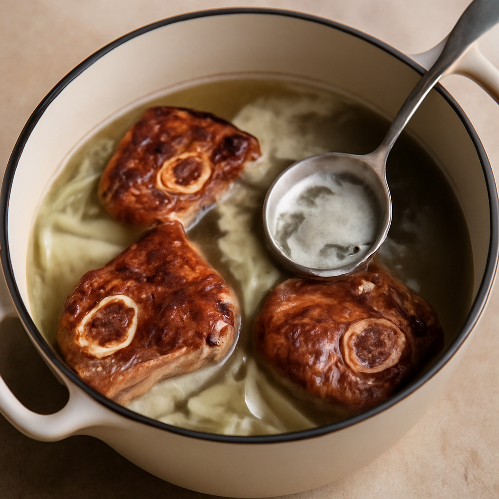 Lamb returned to pot with onions and water, skimming grey foam during first gentle boil