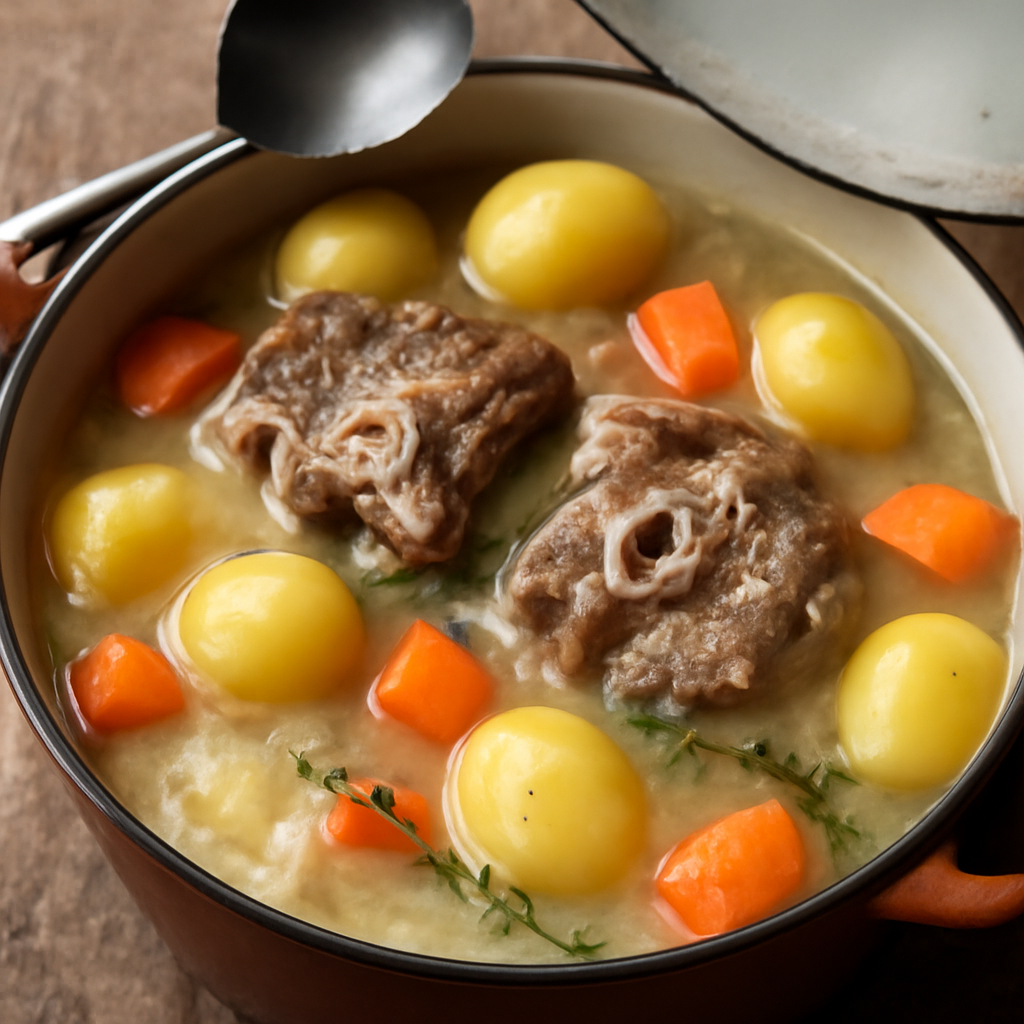 Both potato types and carrots added, stew in final low simmer with lid just removed to check doneness