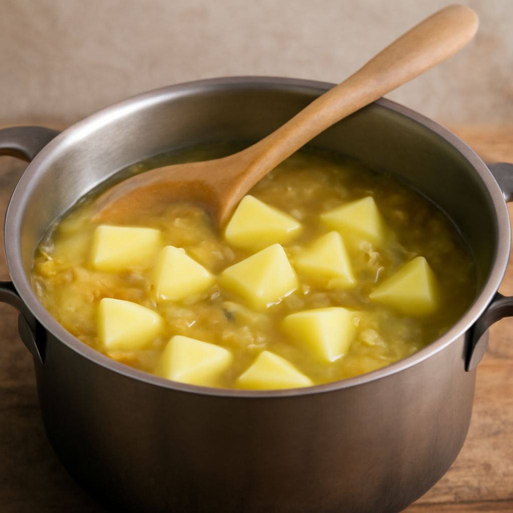 Potatoes simmering in hot stock with softened vegetables
