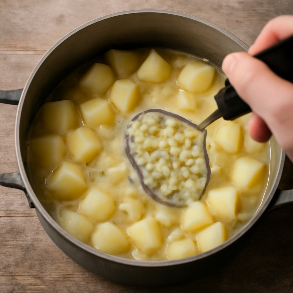 Roughly mashing two-thirds of the cooked soup directly in the pot with a potato masher