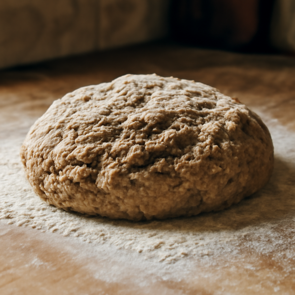 Shaggy dough patted into a round on a floured surface, ready to be scored