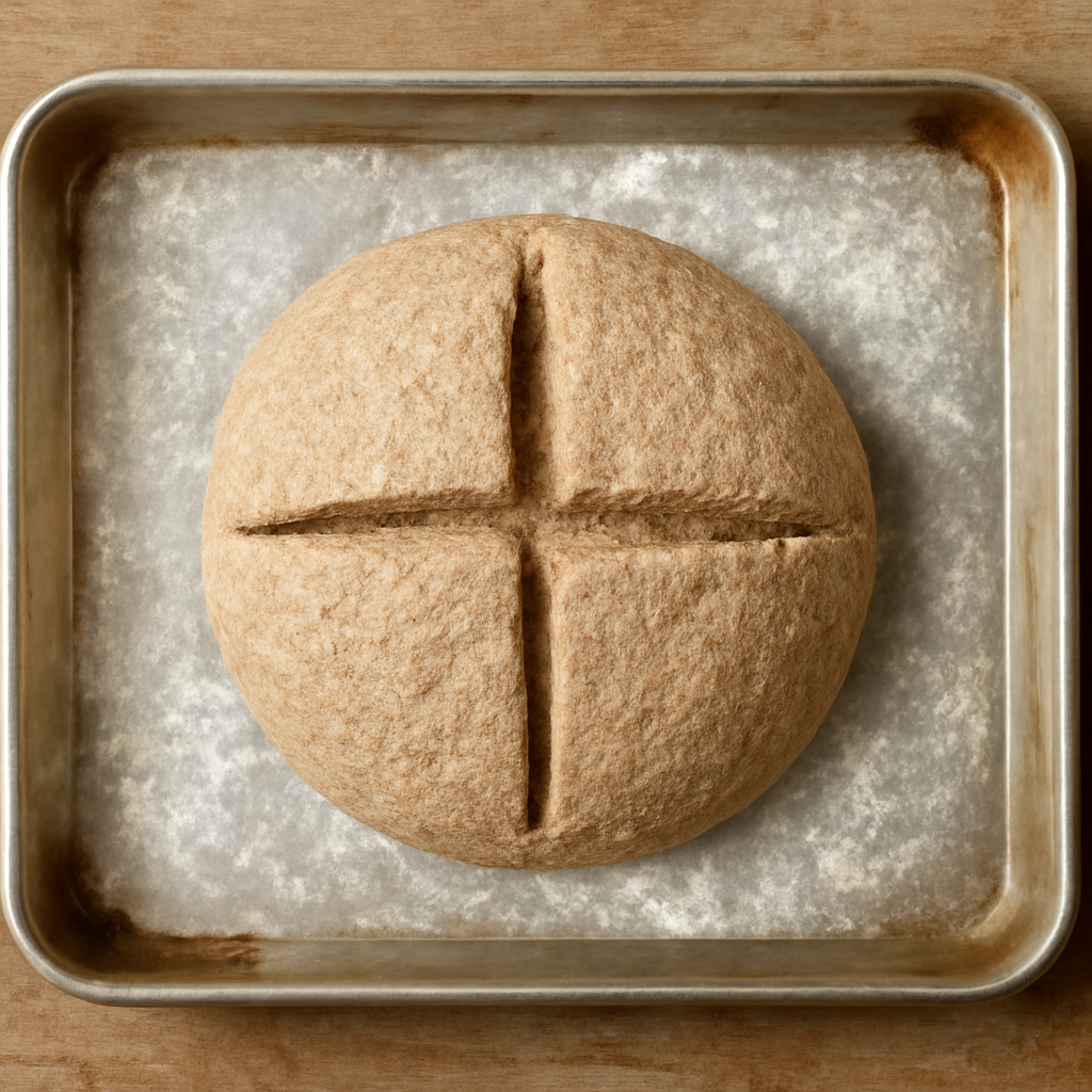 Scored dough round on baking tray, just before going into the oven