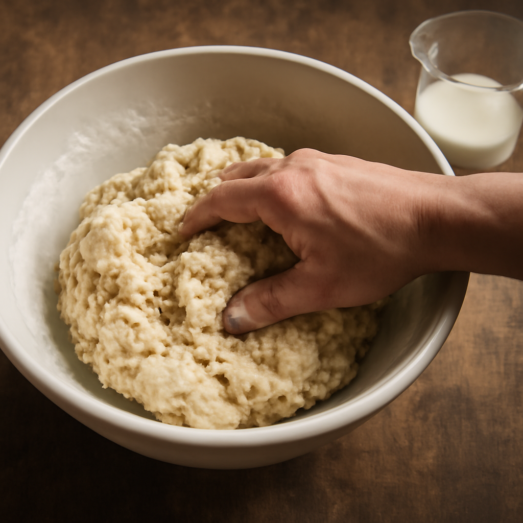 Mixing the dough by hand into a rough shaggy mass