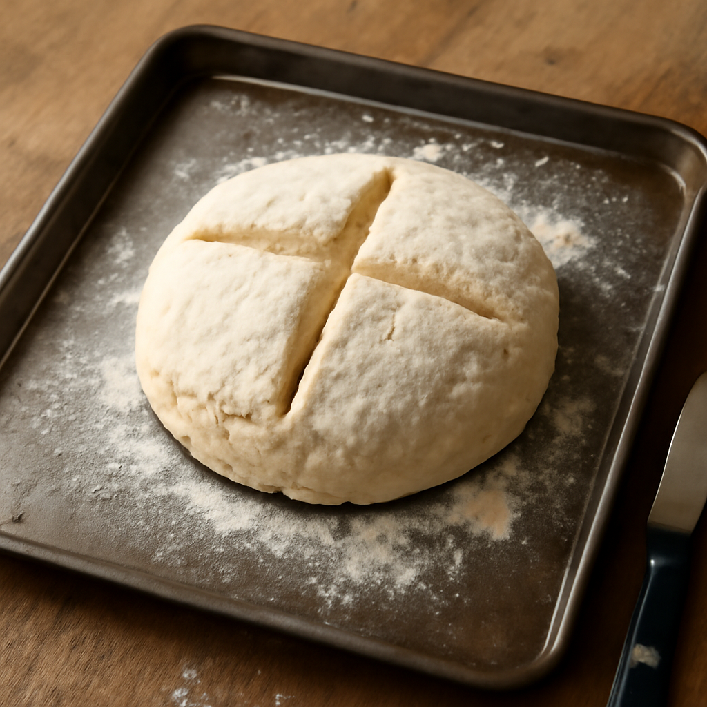 Shaping the dough into a round and scoring the cross before baking