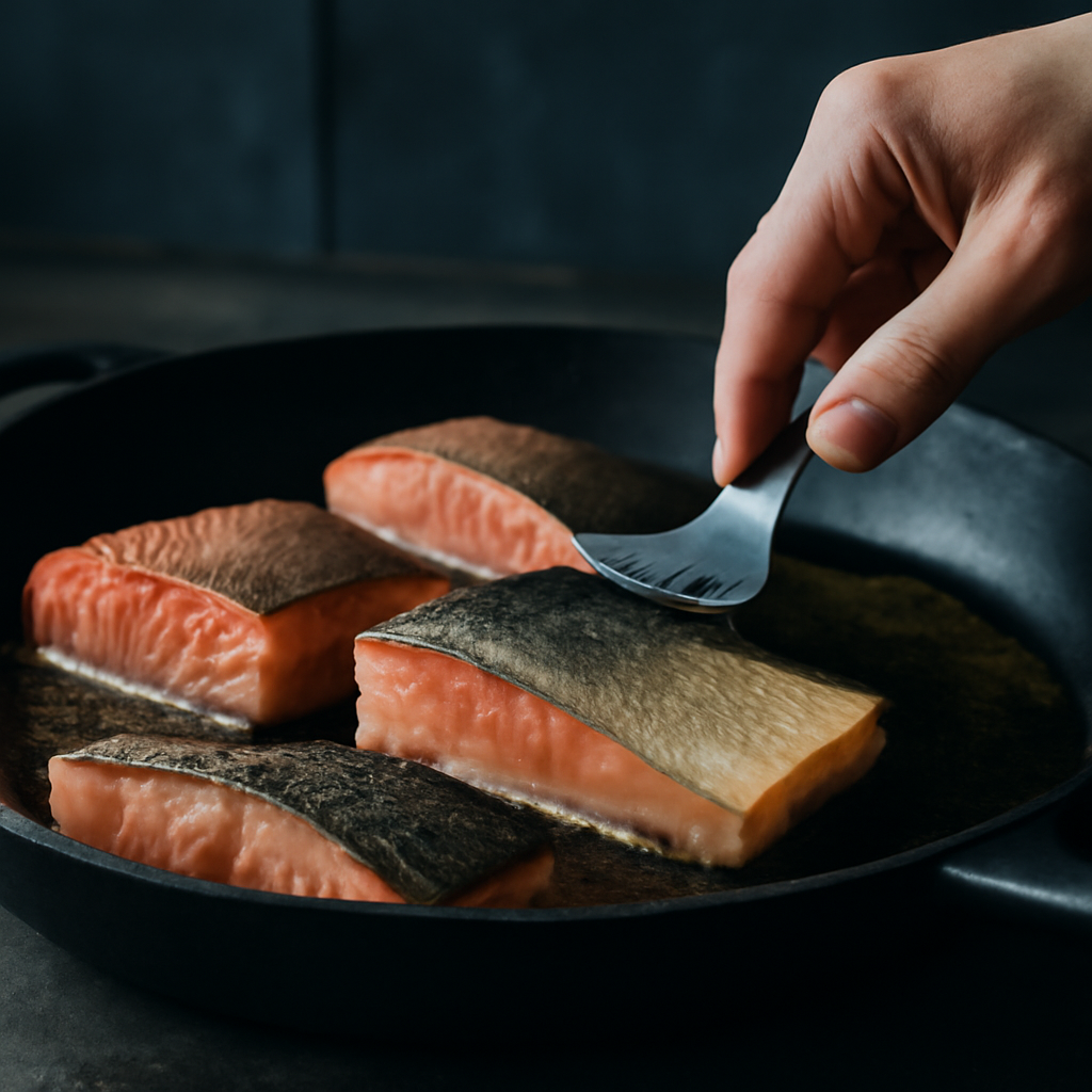 Pan-searing the salmon fillets skin-side down