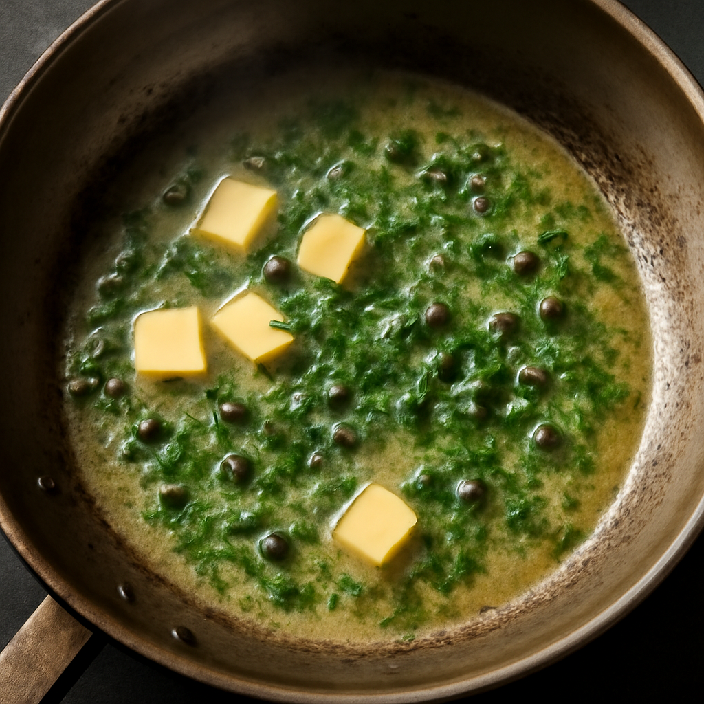 Making the dill and caper butter sauce in the resting pan