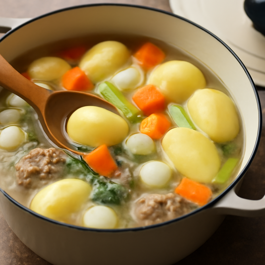 Vegetables and potatoes added to the gently simmering broth after first 45 minutes of lamb cooking