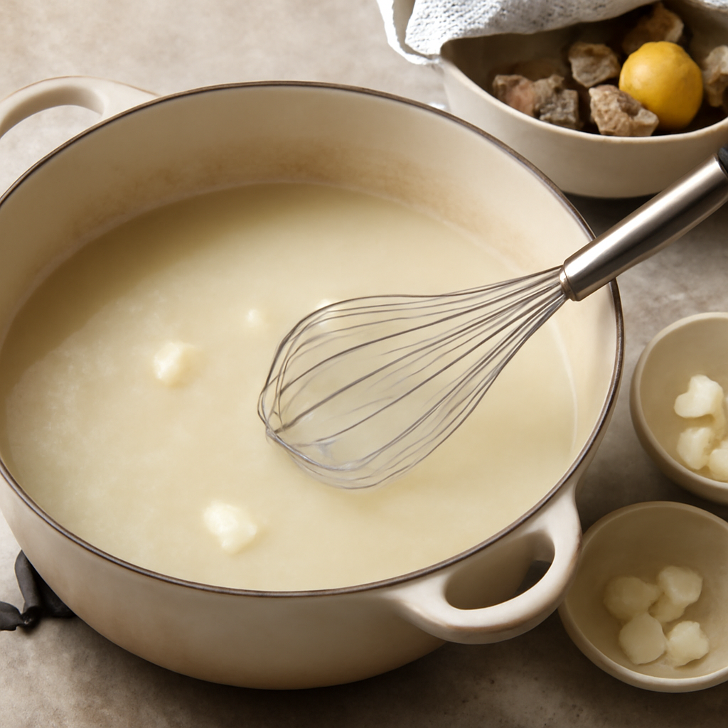 Beurre manié being whisked into simmering broth to thicken it before returning the cooked lamb and vegetables