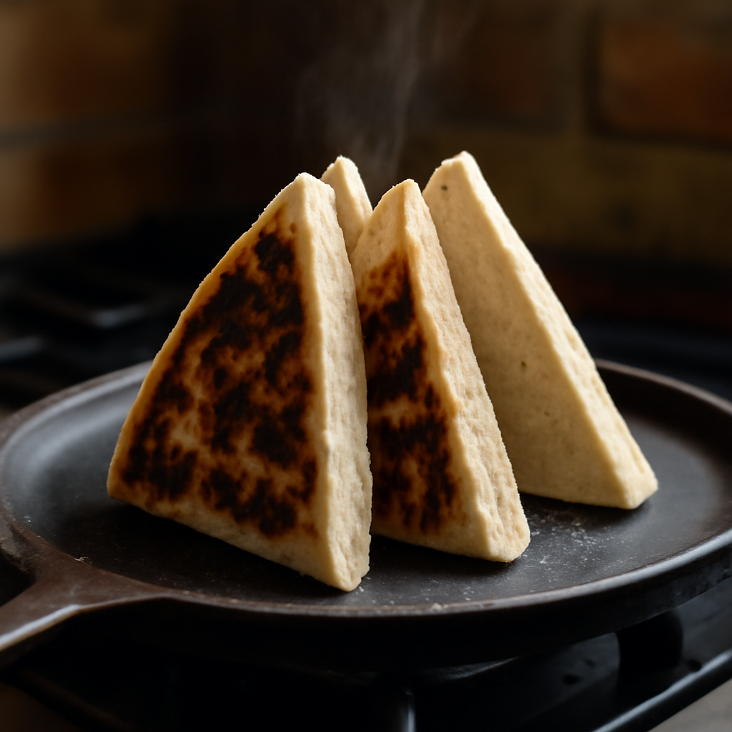 Farls standing on edges in tepee formation on the griddle