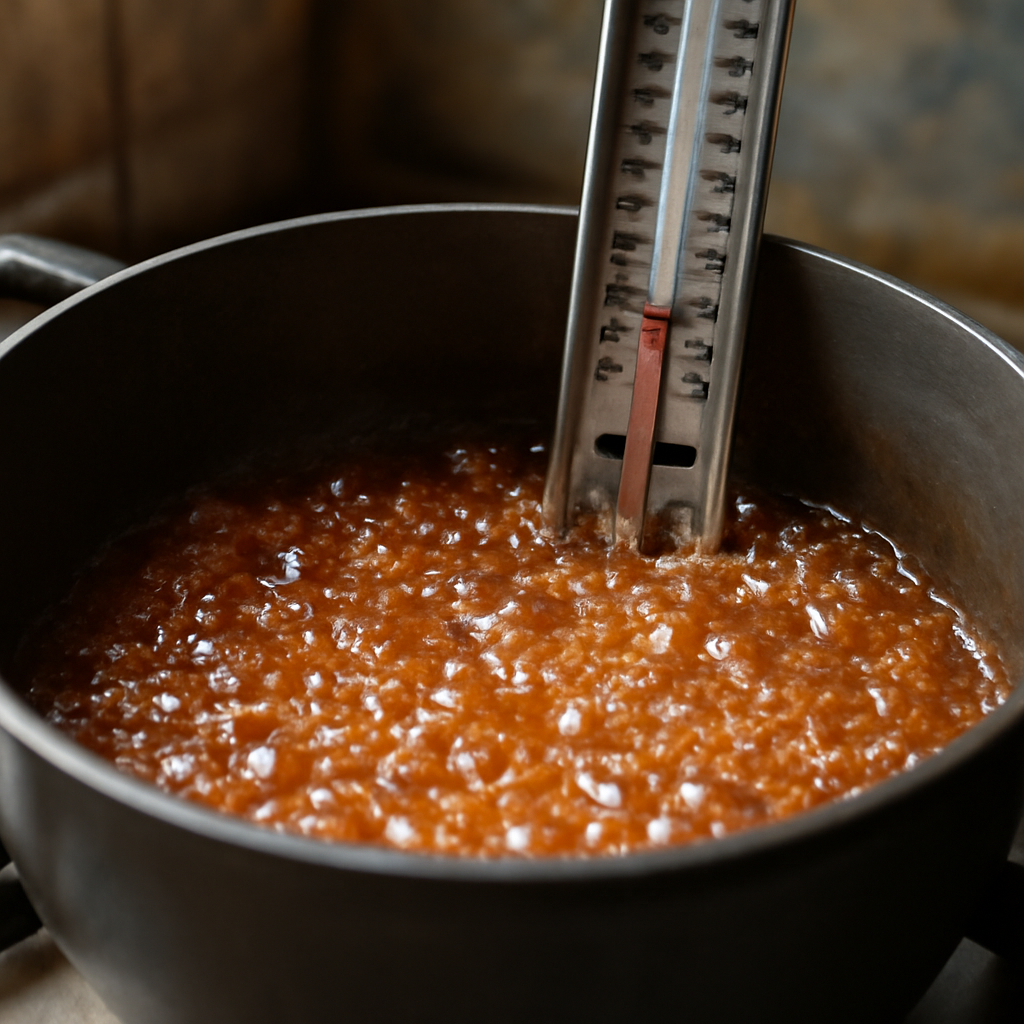 Bring to hard crack stage at 150 Celsius without stirring, monitoring the sugar thermometer