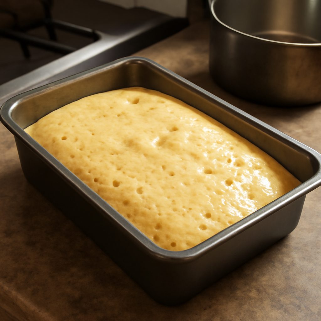 Add bicarbonate of soda and whisk briefly; the mixture erupts into a foaming pale yellow mass and is poured into the greased tin