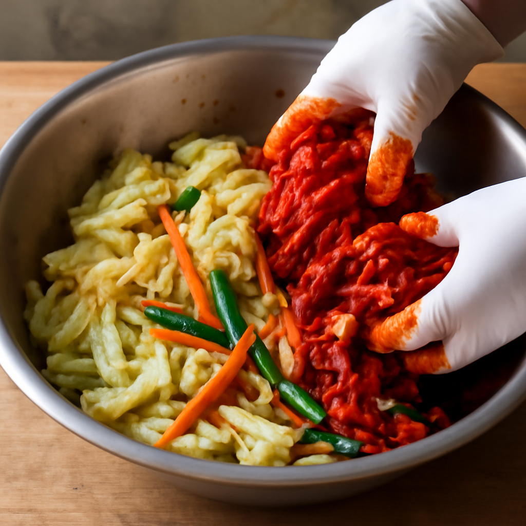 Mixing cabbage with gochugaru paste, carrot, and spring onions