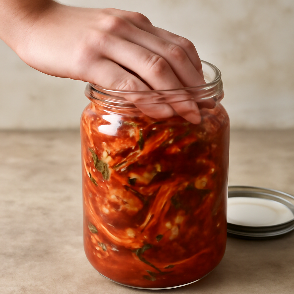 Packing kimchi tightly into glass jars before fermentation